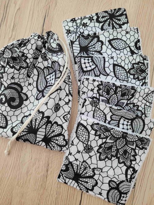 Ensemble 6 lingettes + pochon assorti - Effet dentelle noire